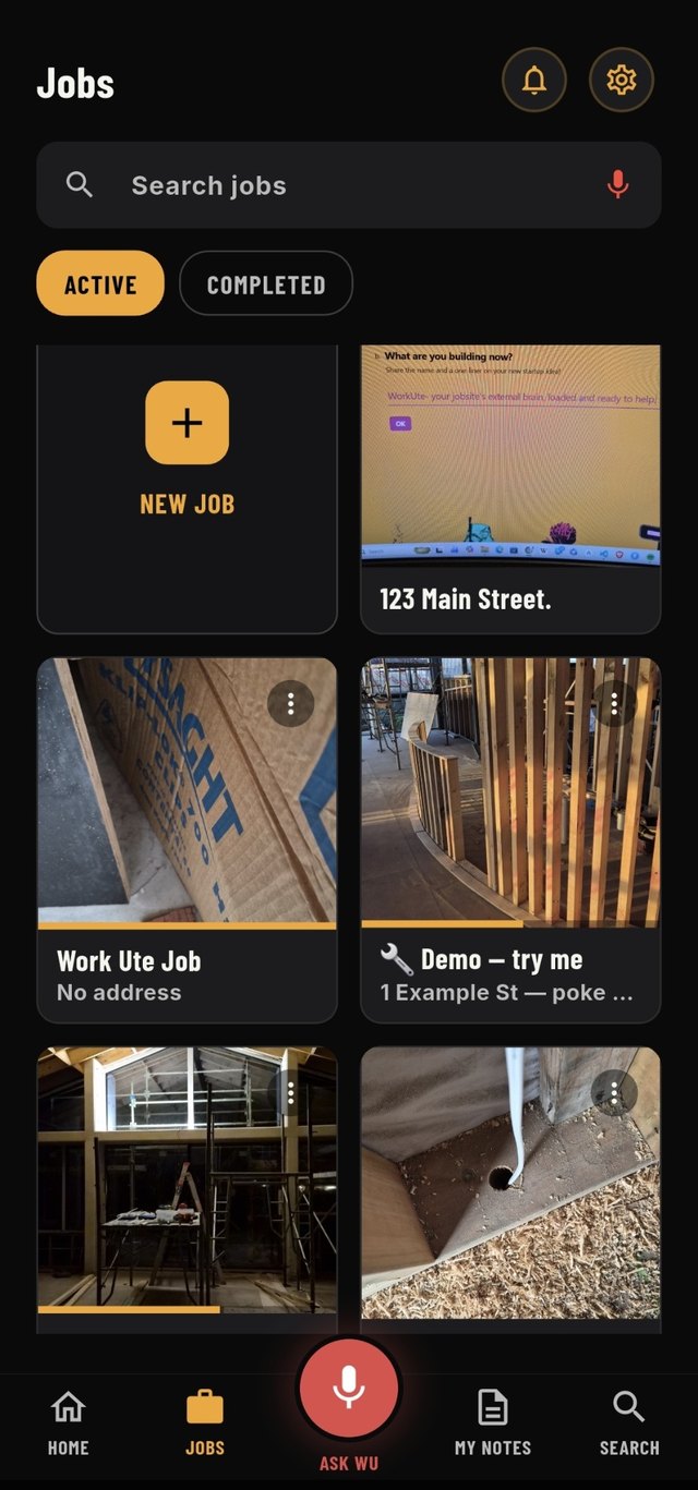 The WorkUte jobs screen: a grid of job cards, each showing a photo from that site.